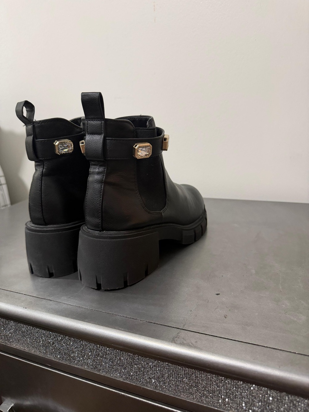 Black Chunky Chelsea Boots with Crystal Strap - Picture 2 of 2